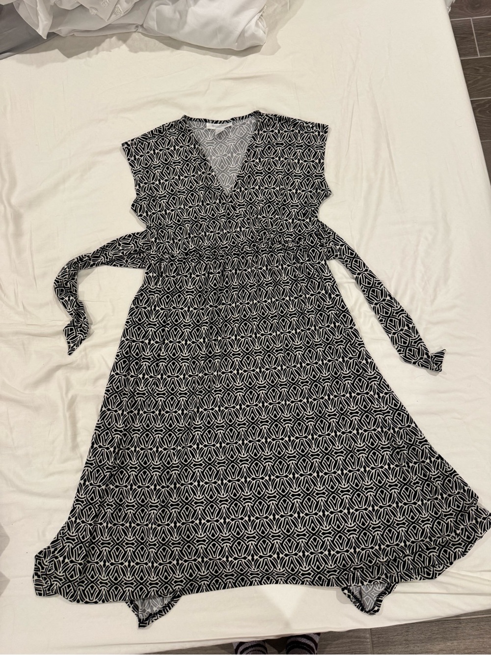 Motherhood Black & White Geometric Midi Wrap Dress